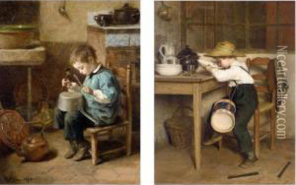 Les Petits Tambours: A Pair Of Paintings Oil Painting - Edouard Frere