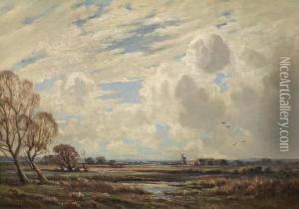 Weite Herbstlandschaftmit Windmuhle Oil Painting - Edwin Harris