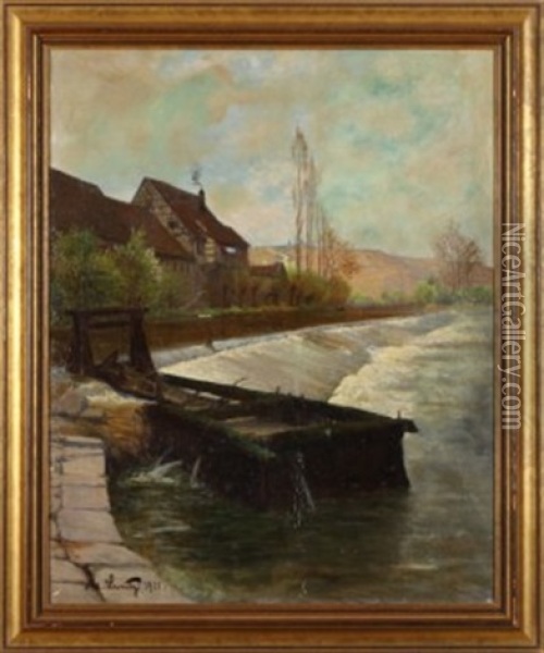 Flusswehr In Schwaben (biesigheim/neckar) Oil Painting - Adolf Luntz