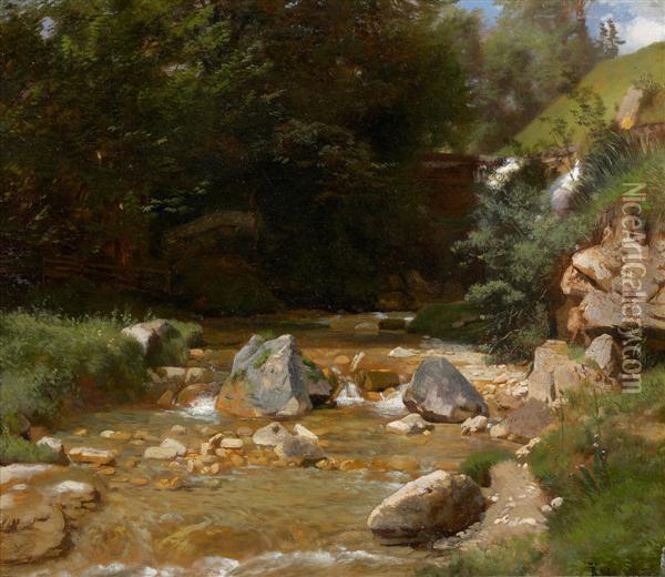 Vue D'une Riviere A Ramsau Pres De Berchtesgaden Oil Painting - Johann Gottfried Steffan