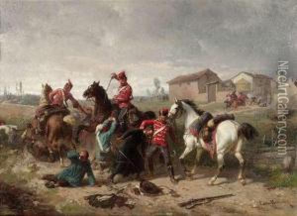 Hussars Attacking Avillage Oil Painting - Louis Braun