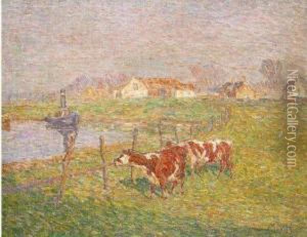 Koeien Langs De Leie Oil Painting - Modest Huys
