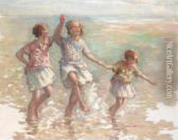 Paddling In The Sea Oil Painting - William Mason Brown