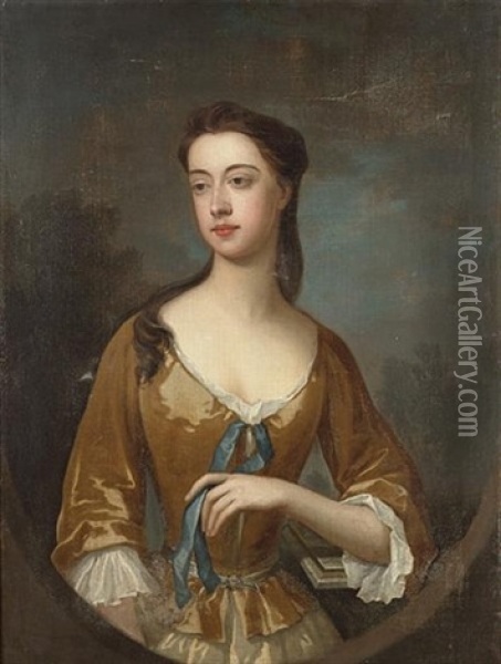 Portrait Of A Lady (mrs Yelverton?), Half-length, In A Gold Satin Dress With A Blue Ribbon, Leaning On A Marble Plinth Oil Painting - Charles Jervas