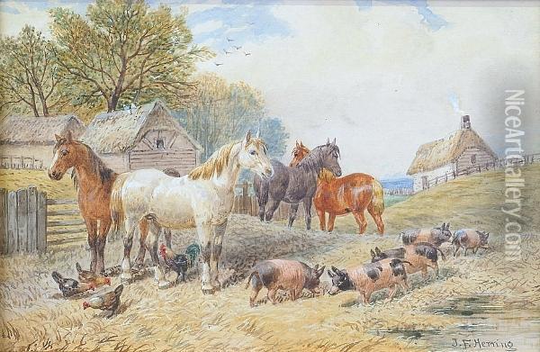 Horses And Pigs In A Farmyard Oil Painting - John Frederick Herring Snr