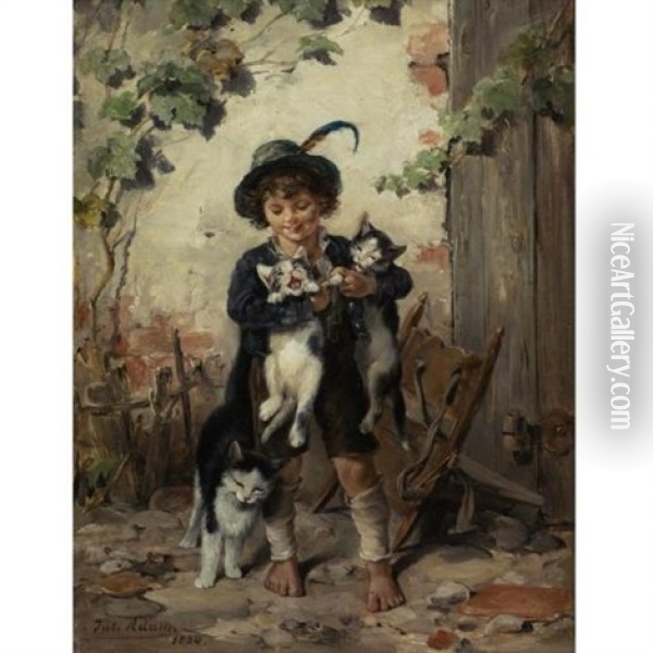 Young Boy With Three Cats Oil Painting - Julius Adam the Younger