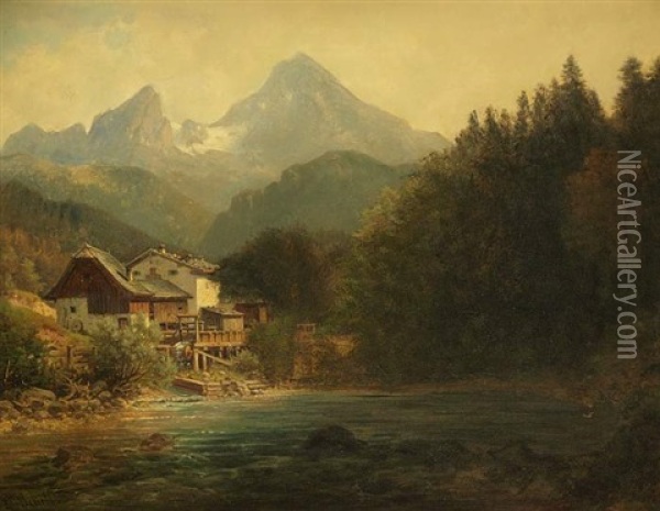Muhle Bei Berchtesgaden M.d. Watzmann Oil Painting - Ludwig Sckell