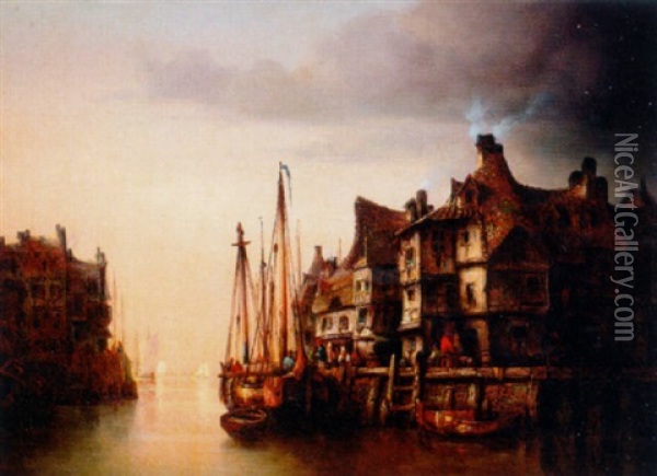 A Boat Alongside A Quay In A German Coastal Town Oil Painting - Ludwig Hermann