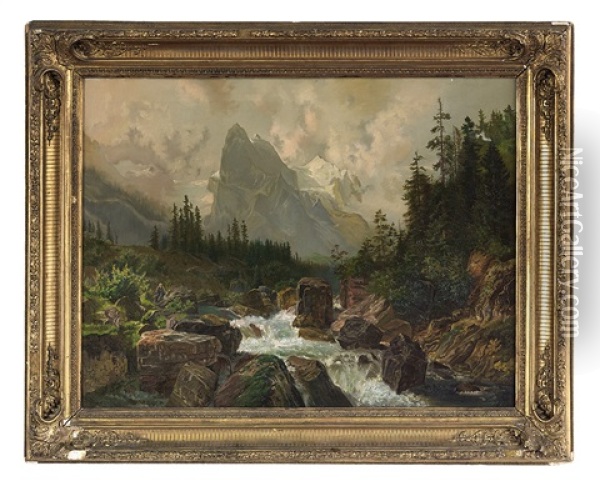 Mountainscape With Rapids And Figure Oil Painting - Josef Navratil