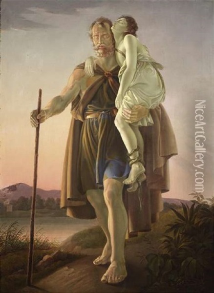 Der Heilige Christophorus Tragt Einen Knaben, Der Von Einer Schlange Gebissen Wurde Oil Painting - Josef von Fuehrich