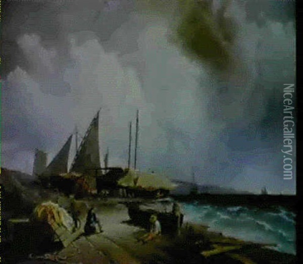 Fisherfolk By The Seashore Oil Painting - Guido Carmignani