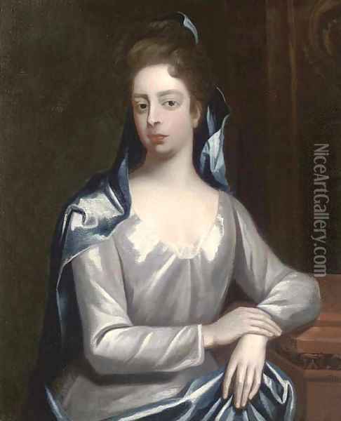 Portrait of Elizabeth Hervey, Countess of Bristol (D.1741), half-length, in a white dress and blue wrap, resting her arm on a plinth Oil Painting - Michael Dahl