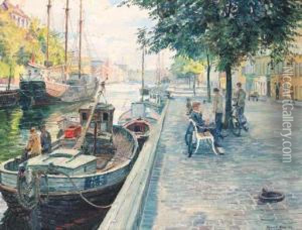 Boats Moored Along A Canal, Copenhagen Oil Painting - Robert Panitzsch