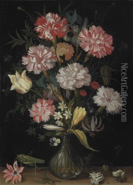 Carnations, A Tulip, An Iris, Fritillaries, A Crocus And Other Flowers In A Glass Vase, With A Grasshopper, A Snail And Other Insects On A Stone Ledge Oil Painting - Balthasar Van Der Ast