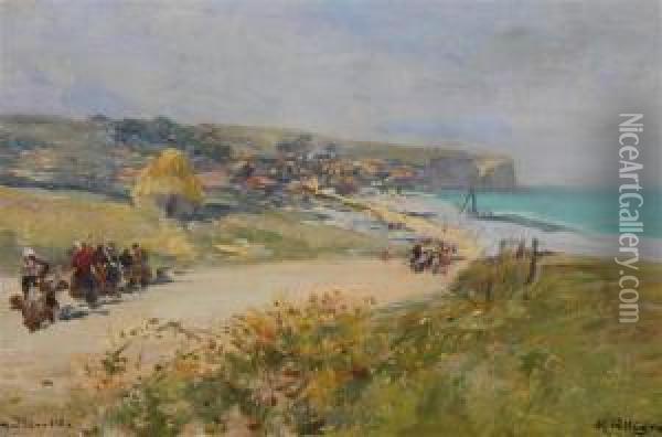 Figures On A French Coastal Path Oil Painting - Raymond Allegre