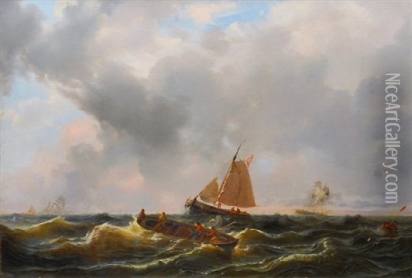 Ships Offshore Oil Painting - Wilhelm August Leopold Christian Krause