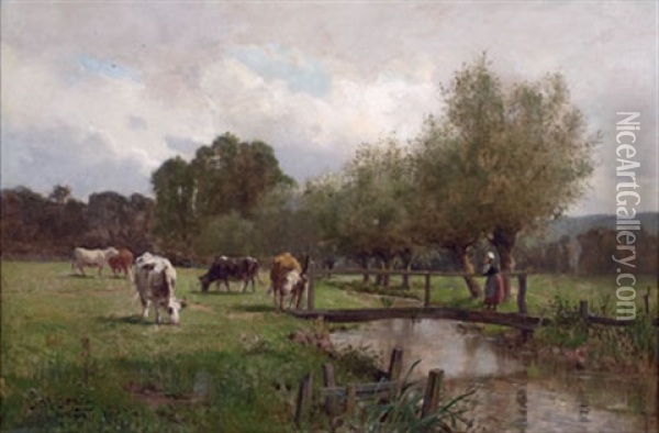 Cows And Herdess In Pasture Oil Painting - James Macdonald Barnsley