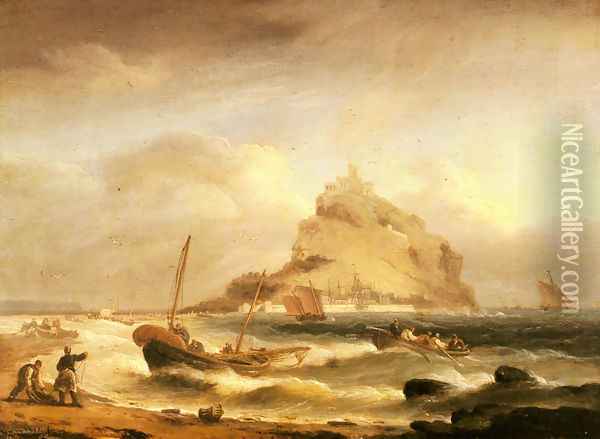 Fishermen rowing in, before St. Michael's Mount Oil Painting - Thomas Luny