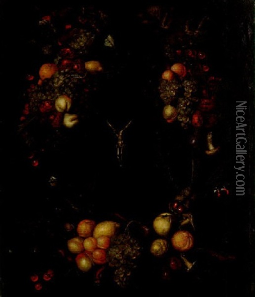 Blomsterprydd Kartusch Med Krusifix Oil Painting - Alexander Coosemans