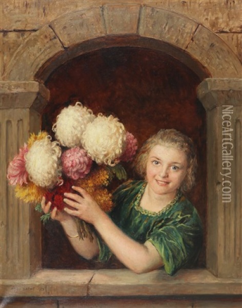 A Young Girl With A Large Bouquet Of Chrysanthemum In A Niche Oil Painting - Otto Bache