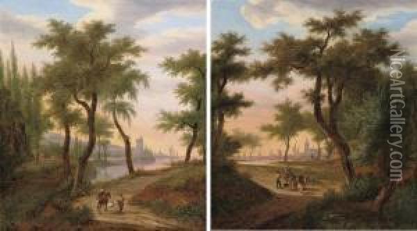 A Wooded River Landscape With Figures On A Track Oil Painting - Frans Swagers