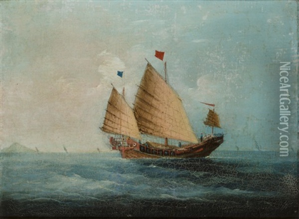 Chinese Junks (4 Works) Oil Painting - George Chinnery