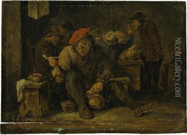Peasants Drinking And Smoking In A Tavern Oil Painting - David The Younger Teniers