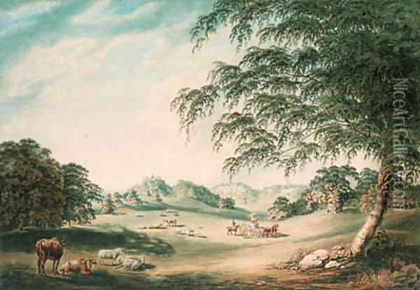 A view in the park at Hawkstone, the seat of Sir Richard Hill, Bt., Shropshire Oil Painting - John Emes