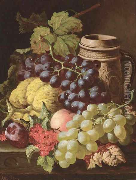 Grapes, redcurrants, plums, a peach, a gourd, and a stoneware tankard, on a wooden ledge Oil Painting - Charles Thomas Bale