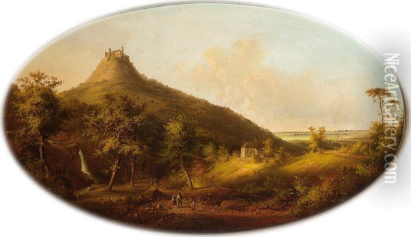 Figures On A Country Road, Castle Hohenzollern In The Background Oil Painting - Carl Fedeler