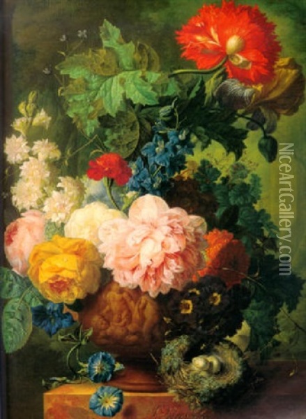 Still Life Of Peonies, Roses, A Poppy, An Iris, Morning Glories And Other Flowers In A Terracotta Vase Decorated With Putti Oil Painting - Jan van Os
