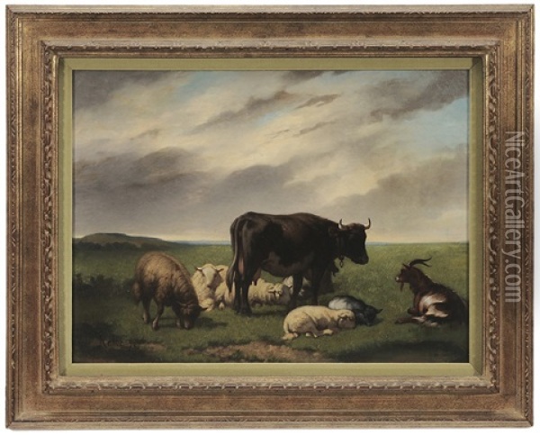 Pastoral Landscape With Sheep, Cows, And Goats Oil Painting - Louis Robbe