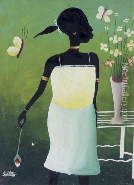 Haitian Girl With Flowers And Butterflies Oil Painting - Jean Alexis Achard