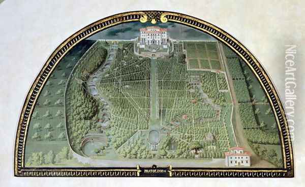 Villa Pratolino Demidoff from a series of lunettes depicting views of the Medici villas, 1599 Oil Painting - Giusto Utens