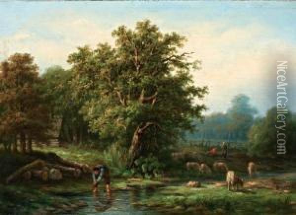 Rustende Herders Met Schapen Bij Een Beek Aan De Bosrand Oil Painting - Leon Schulman