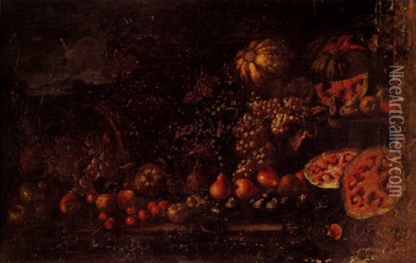 A Still Life Of Pears, Apples, Grapes, Pomegranates, Figs And Melons On A Stone Ledge, A Basket Nearby And A Landscape Beyond Oil Painting - Giovanni Battista Ruoppolo