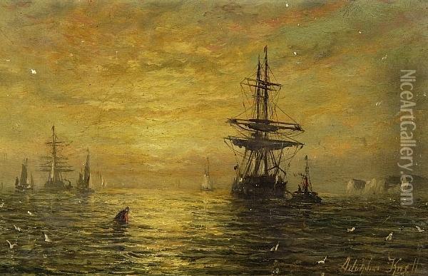 Merchantmen At Sunset Oil Painting - Adolphus Knell