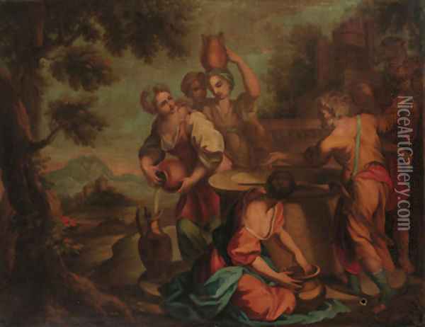 Eliezer offering gifts to Rebecca at the well Oil Painting - Giovanni Antonio Pellegrini