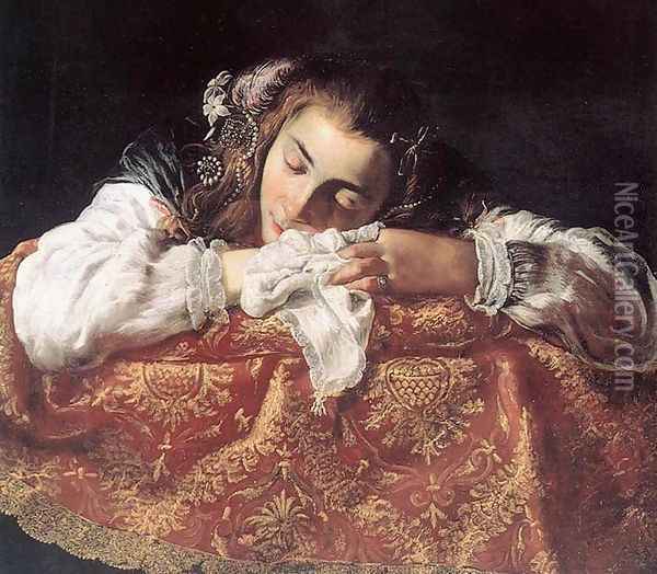 Sleeping Girl c. 1615 Oil Painting - Domenico Fetti