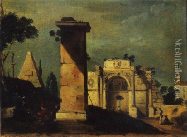 Edicola Antica, Pilastro E Piramide Con Astanti In Primo Piano Oil Painting - Giuseppe Bernardino Bison