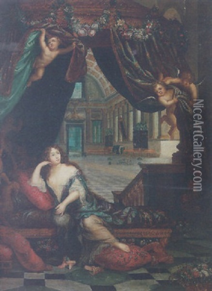 Portrait Of Francoise Athenais De Rochechouart, Marquise De Montespan, Reclining In The Gallery Of Her Chateau De Clagny Oil Painting - Henri Gascars