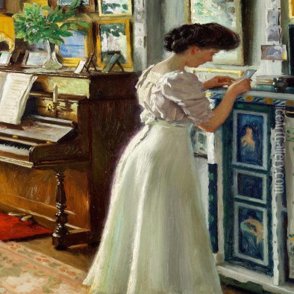 The Artist's Wife Dagny In The Living Room Oil Painting - Paul-Gustave Fischer
