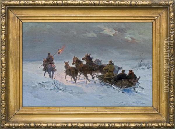 Winter Night Journey Oil Painting - Ignacy (Czeslaw Wasilewski) Zygmuntowicz