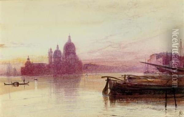 Santa Maria Della Salute, Seen At Sunset From The Riva Degli Schiavoni, Venice Oil Painting - Edward Lear