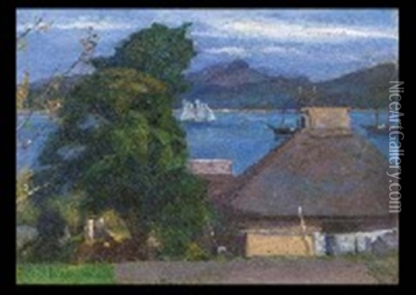 Landscape With Fisherman's Village Oil Painting - Hakuyo Kurata