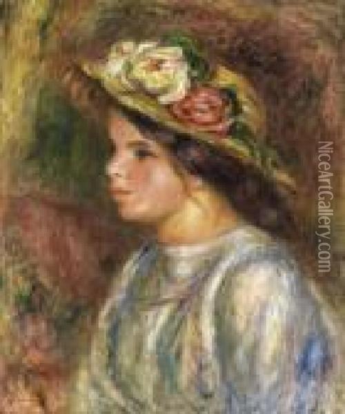 Buste De Femme, Chapeau De Paille Garni Oil Painting - Pierre Auguste Renoir