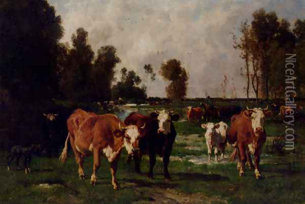 Cattle In A Meadow Oil Painting - Emile van Marcke de Lummen