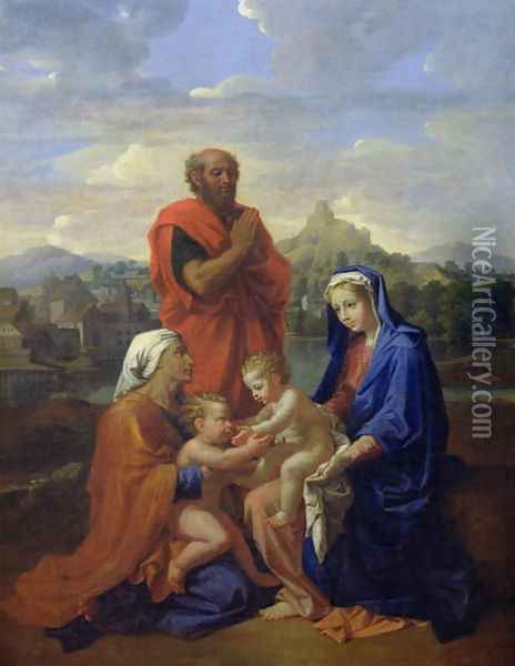 The Holy Family with St. John, St. Elizabeth and St. Joseph Praying, 1656 Oil Painting - Nicolas Poussin