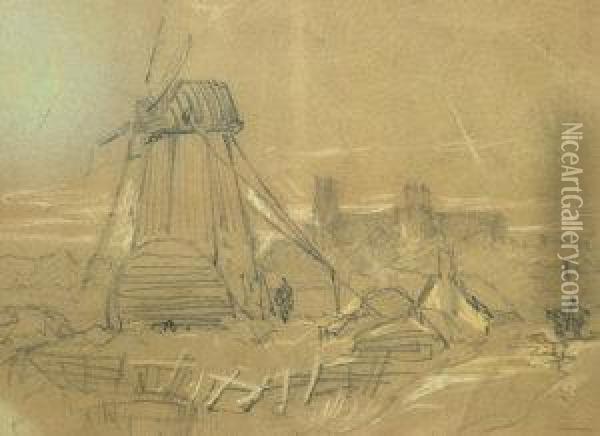 Study Of A Windmill With A 
Castle In The Distance; Pencil And Coloured Chalk On Buff Paper Oil Painting - Peter de Wint