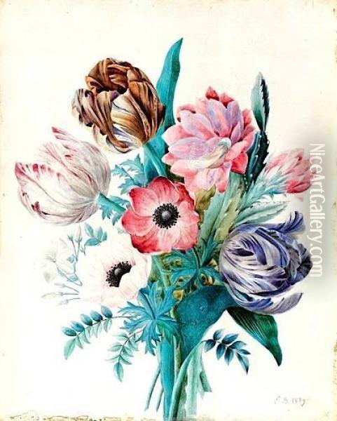 Bouquet De Tulipes, Anemones Et Fleur De Cactes Oil Painting - Elise Lebarbier Bruyere